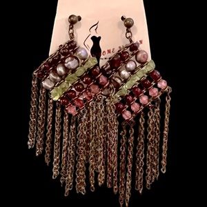 Antiqued gold beaded boho earrings with chain fringe